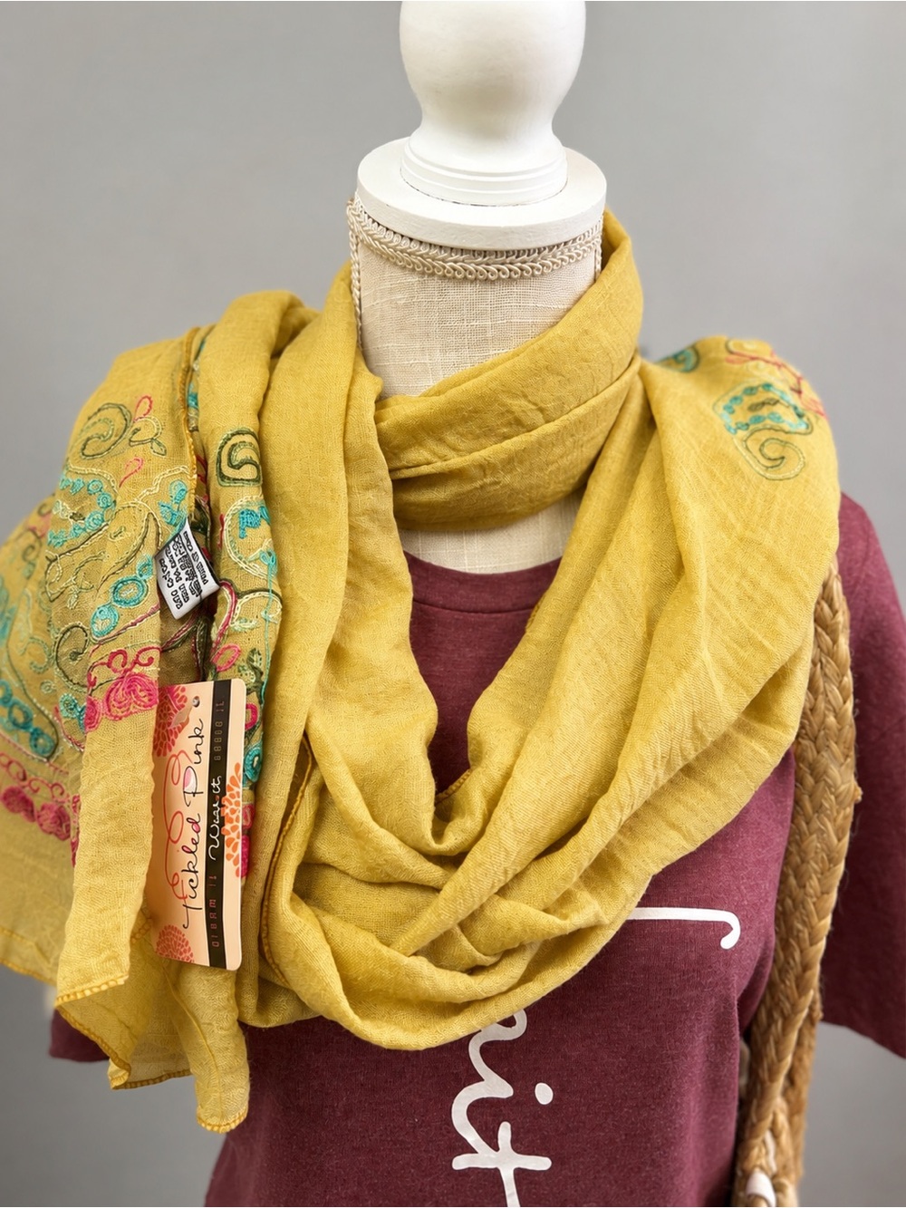 Mustard Embroidered Wrap Scarf by Tishee & Co.